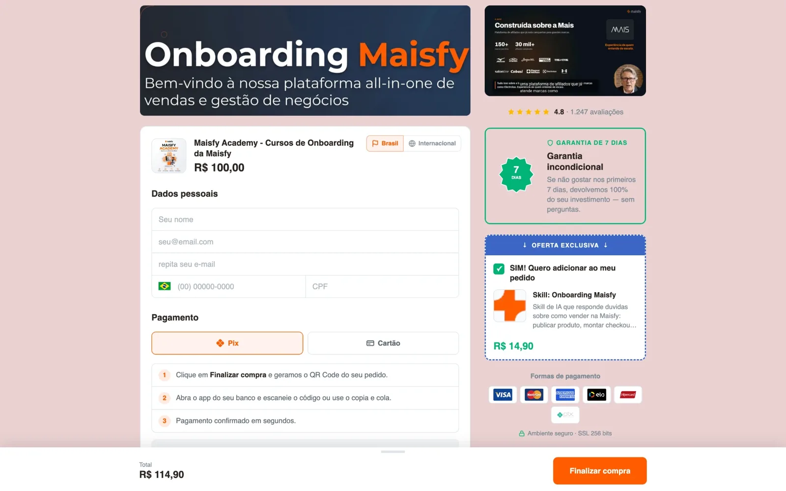 Checkout do curso na Maisfy com a Skill de IA oferecida como order bump