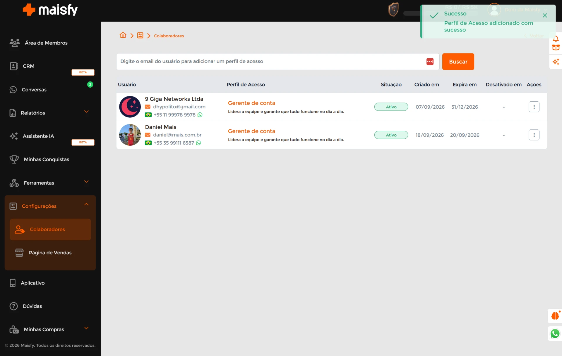 Lista de colaboradores com o novo perfil de acesso adicionado com sucesso