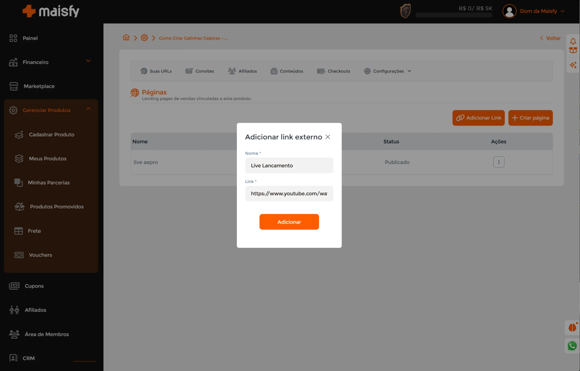 Janela Adicionar link externo na Maisfy com nome Live Lançamento e o endereço do vídeo