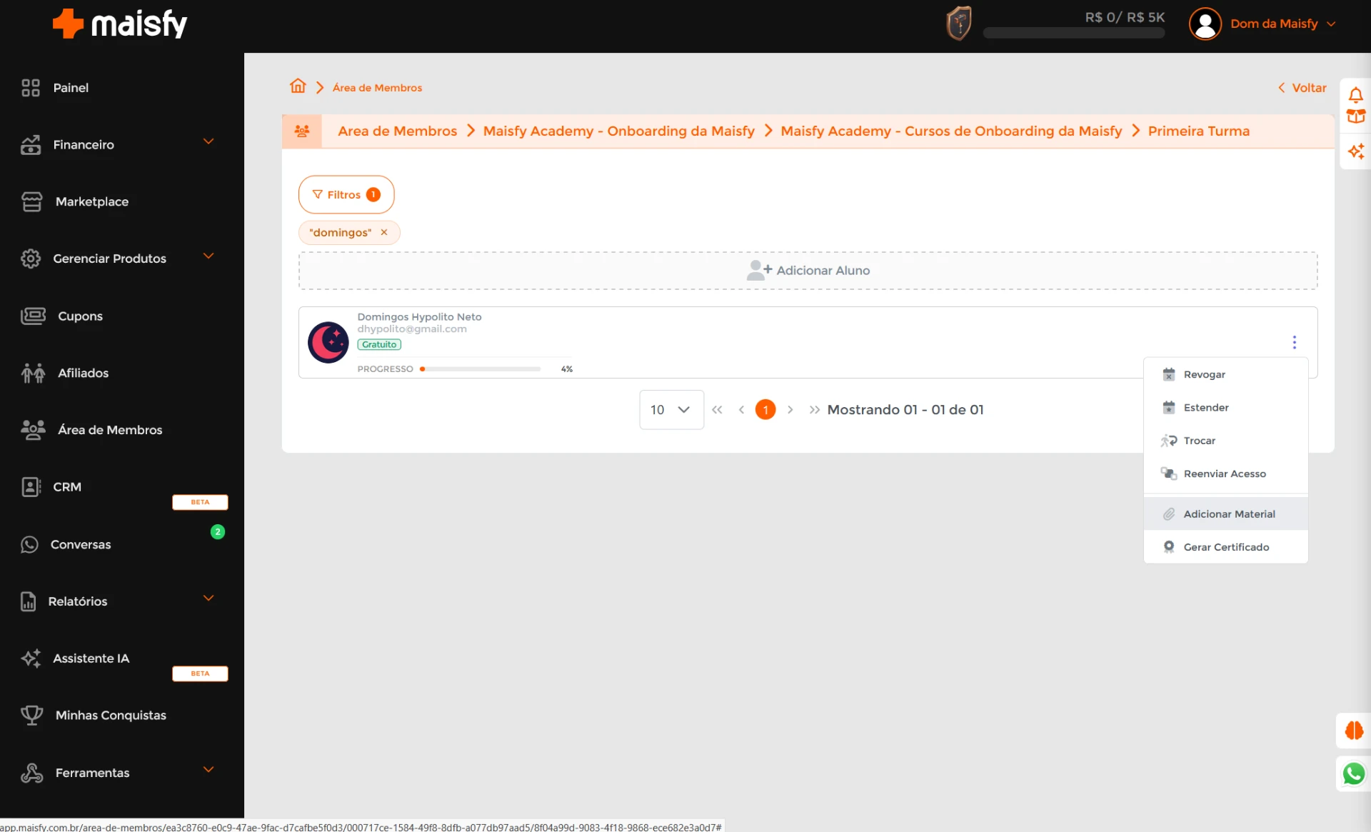Menu do aluno com a opção Adicionar Material destacada