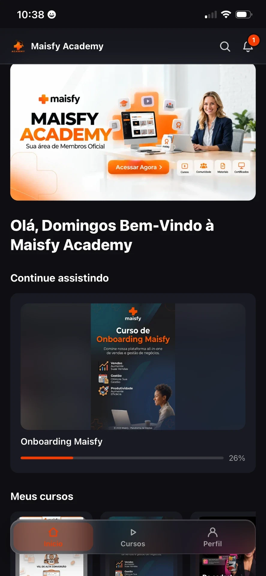 App MaisApp: tela inicial com Meus cursos