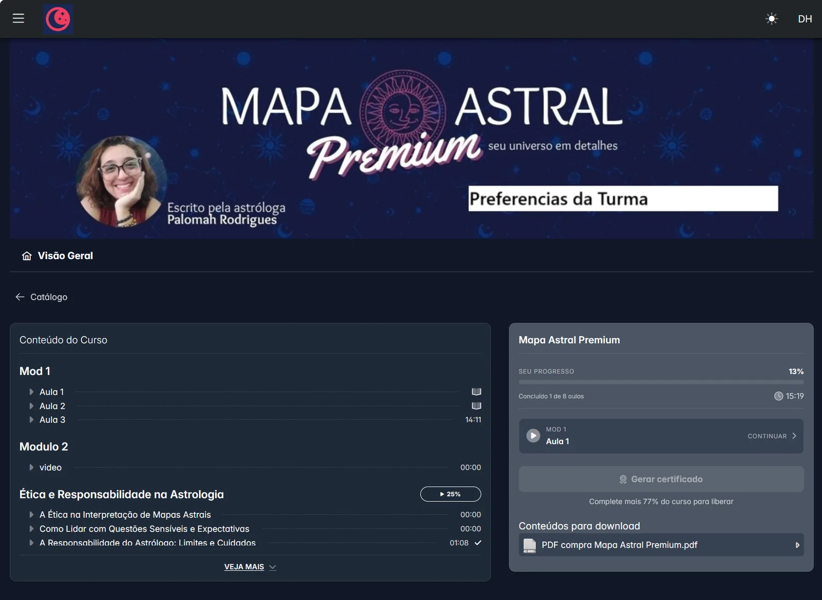 Área de membros da Maisfy com banner do curso, módulos, aulas e progresso do aluno