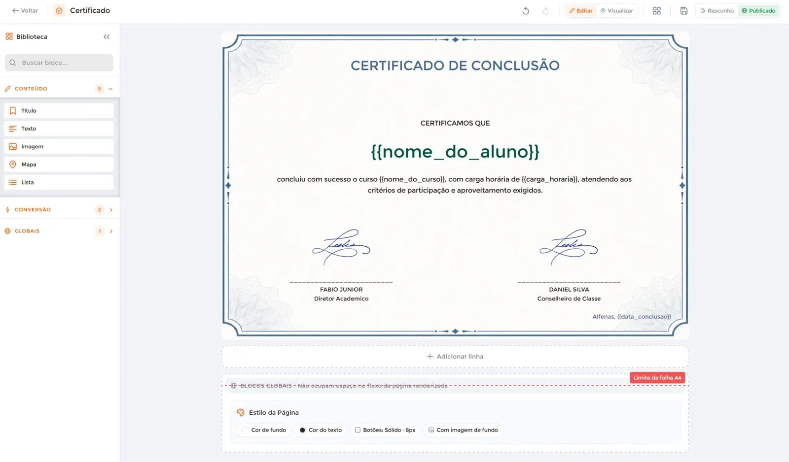 Editor de certificado da Maisfy com blocos de conteúdo e variáveis como nome do aluno