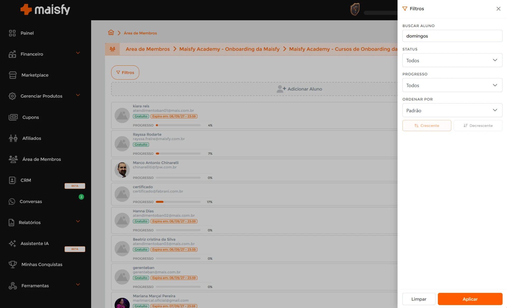 Filtro de busca de aluno na lista da turma da Maisfy