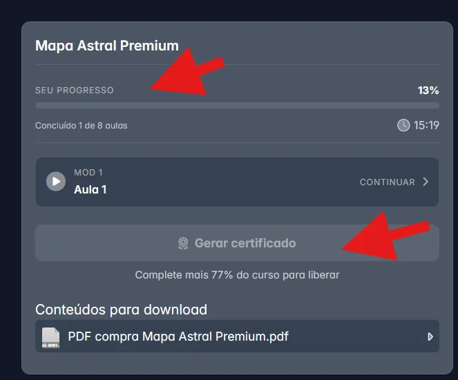 Área de membros da Maisfy com certificado do aluno