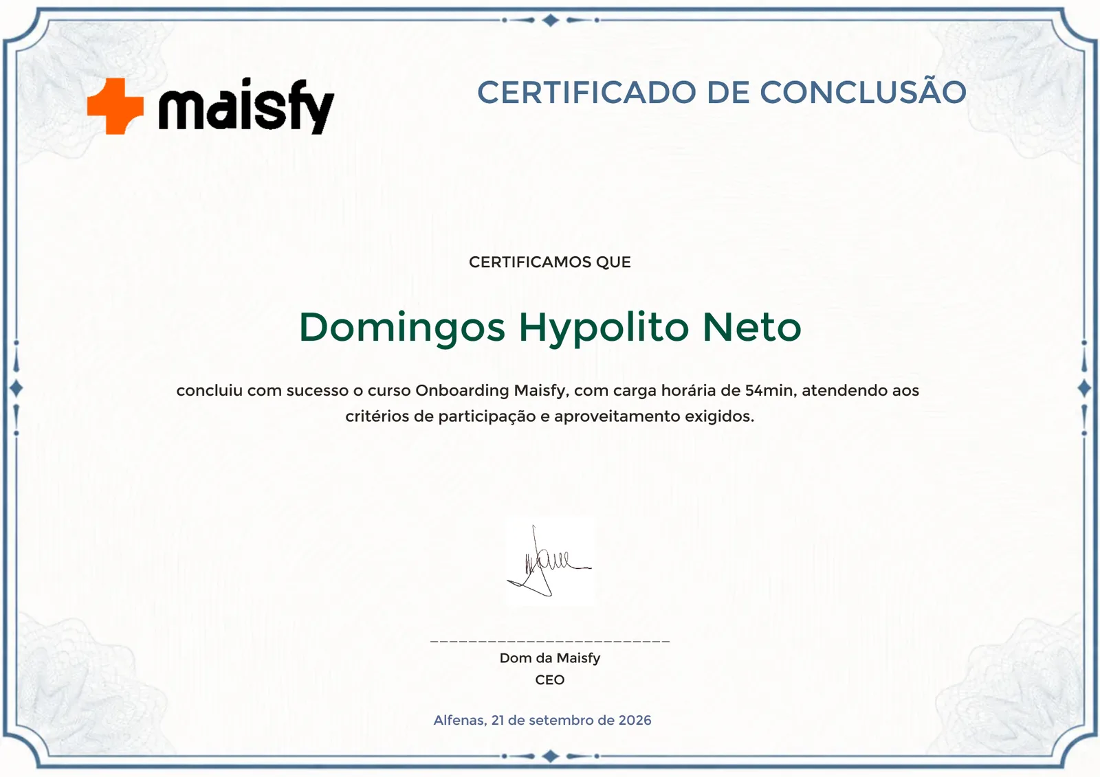 Certificado de conclusão emitido pela área de membros da Maisfy