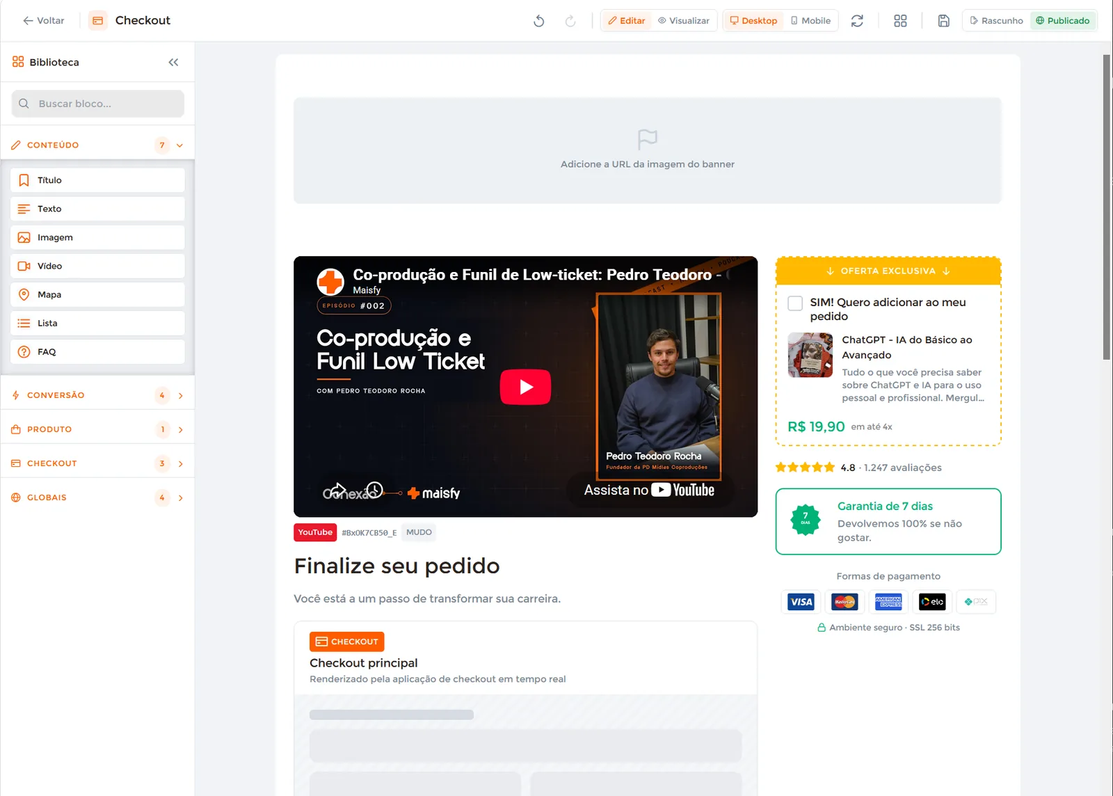Editor de checkout da Maisfy com VSL e order bump