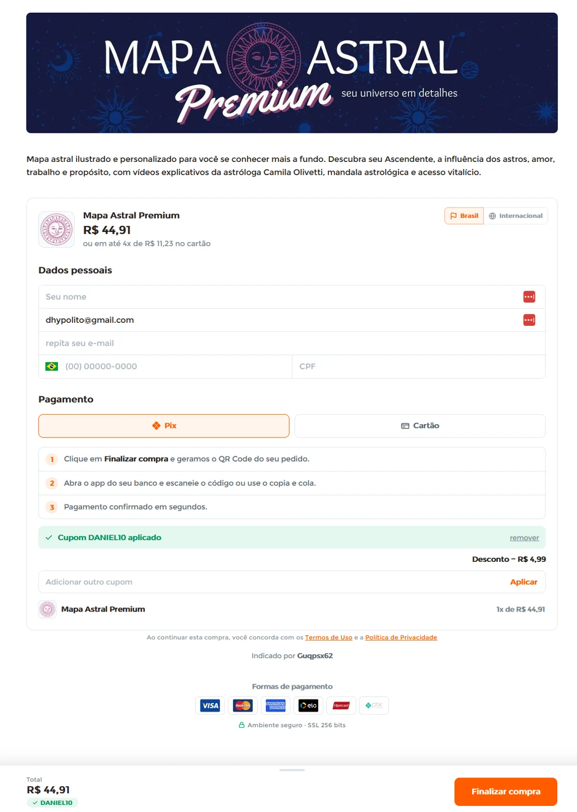 Checkout da Maisfy com o cupom DANIEL10 aplicado e o desconto exibido