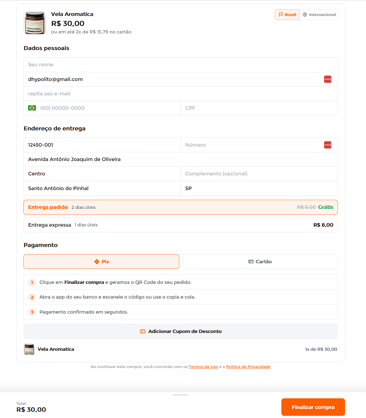 Checkout da Maisfy mostrando entrega padrão grátis com valor riscado e entrega expressa paga