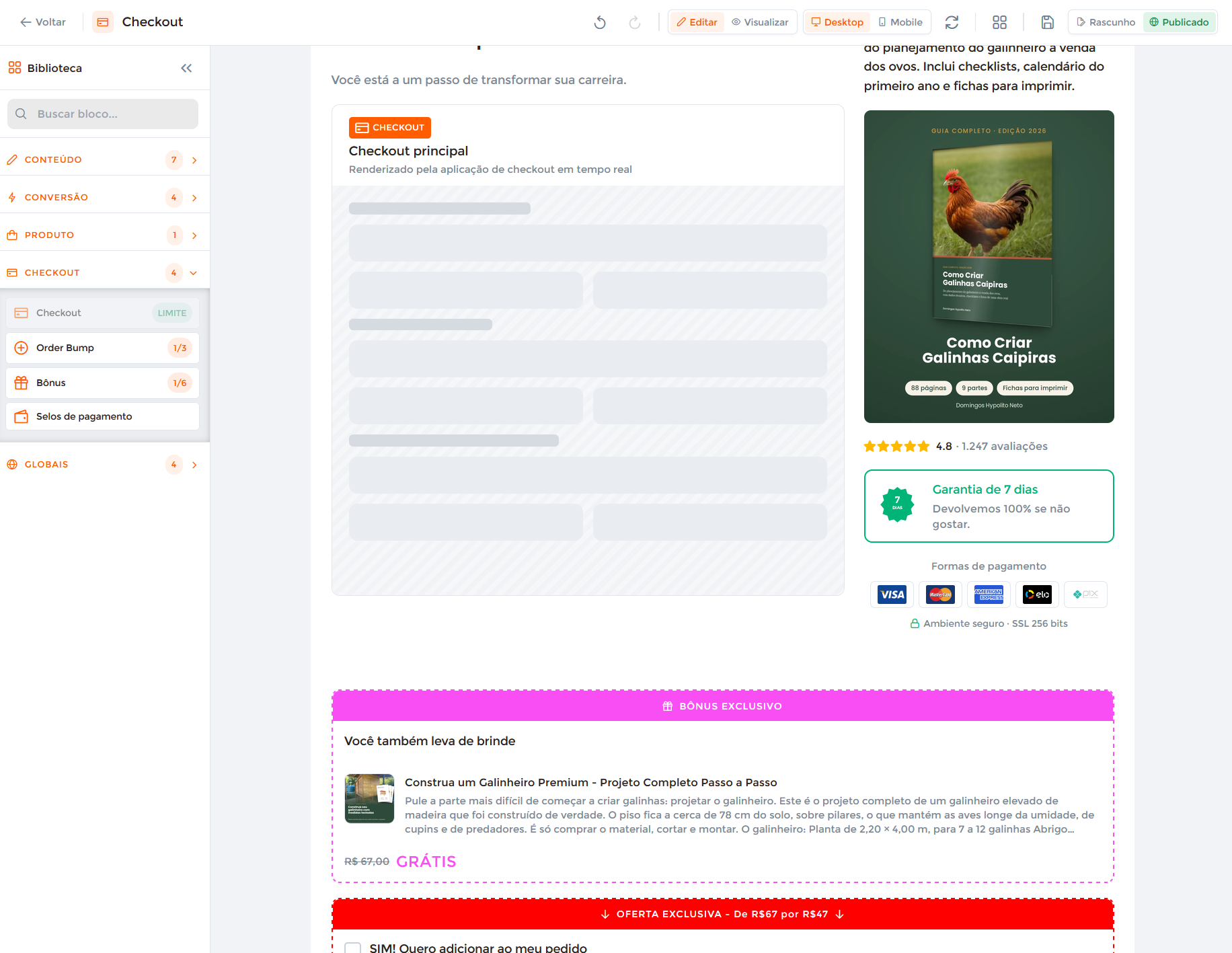 Bloco de bônus no editor de checkout da Maisfy, com produto de brinde marcado como grátis