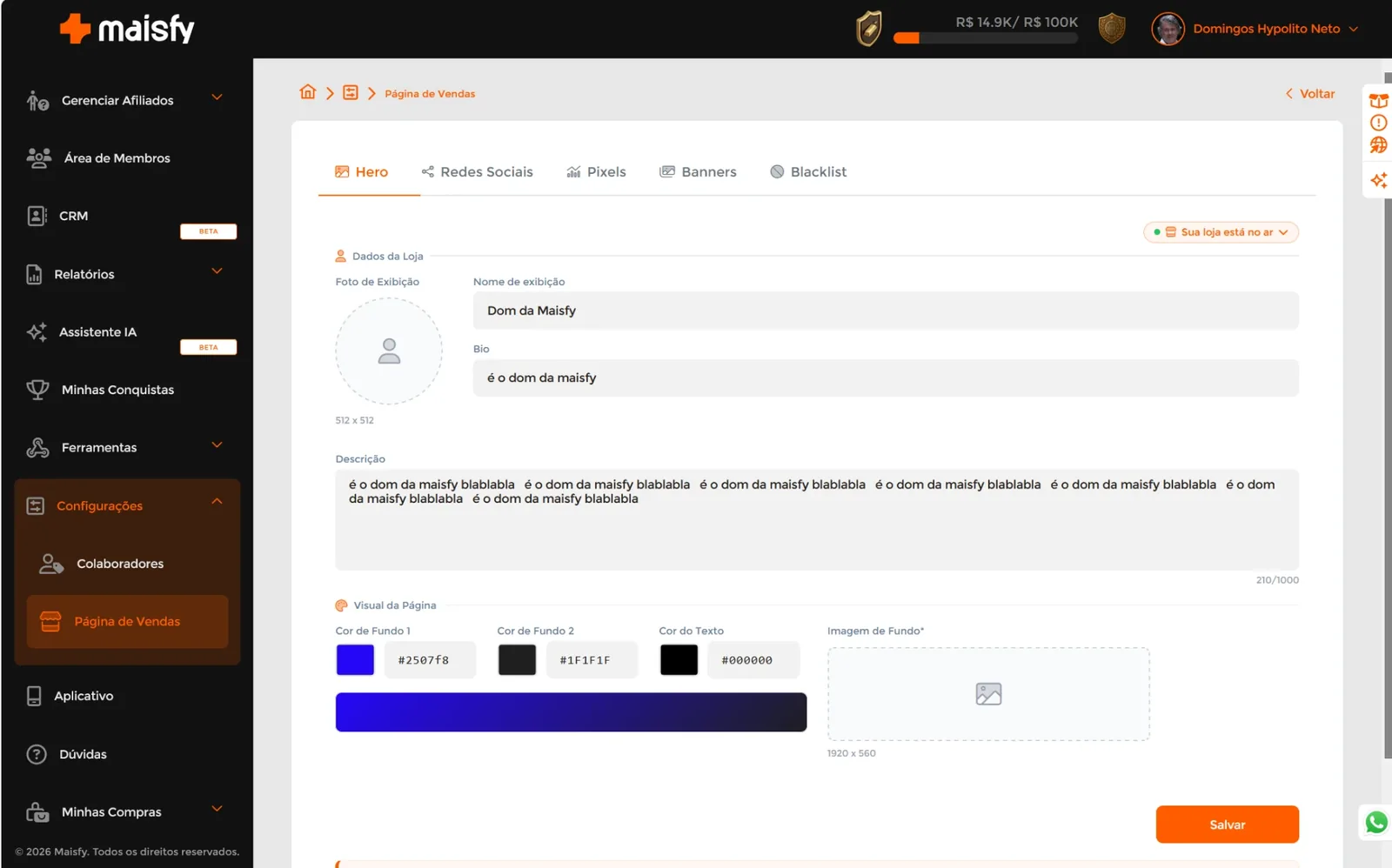 Painel de configuração da loja Maisfy com dados da loja, cores, banners e pixels