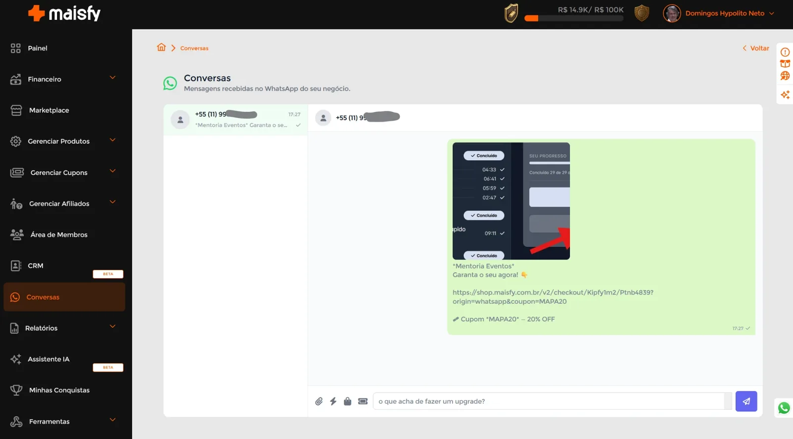 Tela de Conversas da Maisfy com o WhatsApp integrado, mensagem enviada com link de checkout e cupom de desconto