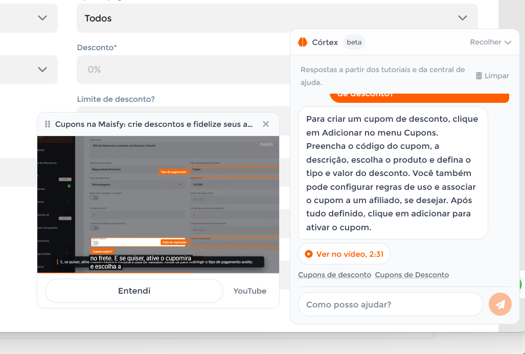 Painel do Córtex Help com a resposta sobre cupons, botão de vídeo e links da central de ajuda