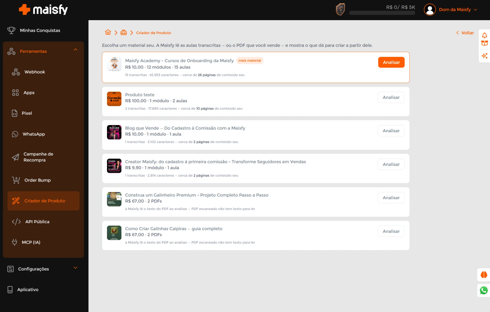 Tela do Criador de Produtos da Maisfy listando cursos e PDFs do produtor para análise