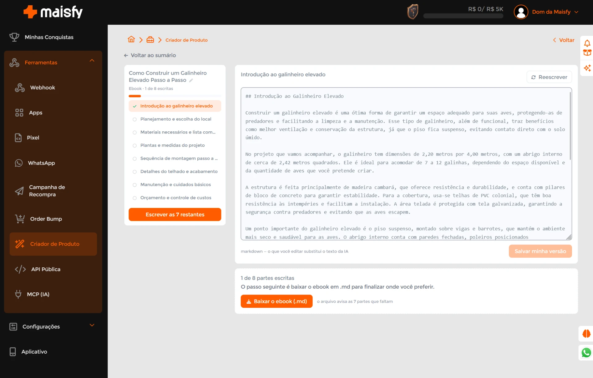Editor do Criador de Produtos com o texto da primeira parte do ebook em markdown e o botão de download