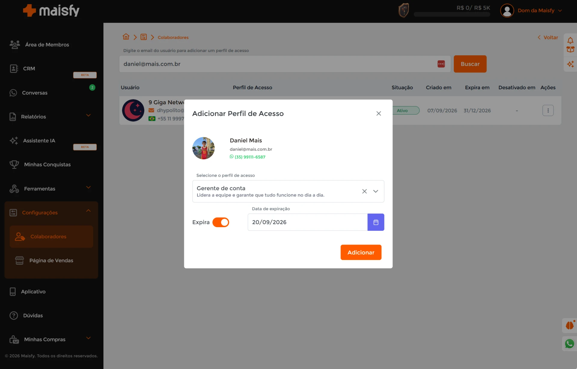 Janela de perfil de acesso com a opção Expira ativada e data de expiração