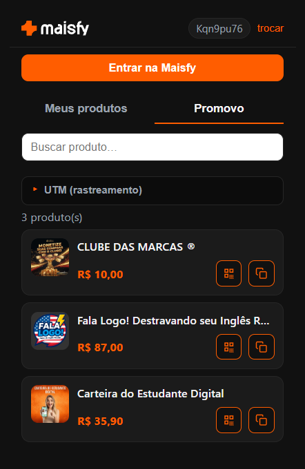 Aba Promovo da extensão Maisfy com os produtos que o afiliado promove