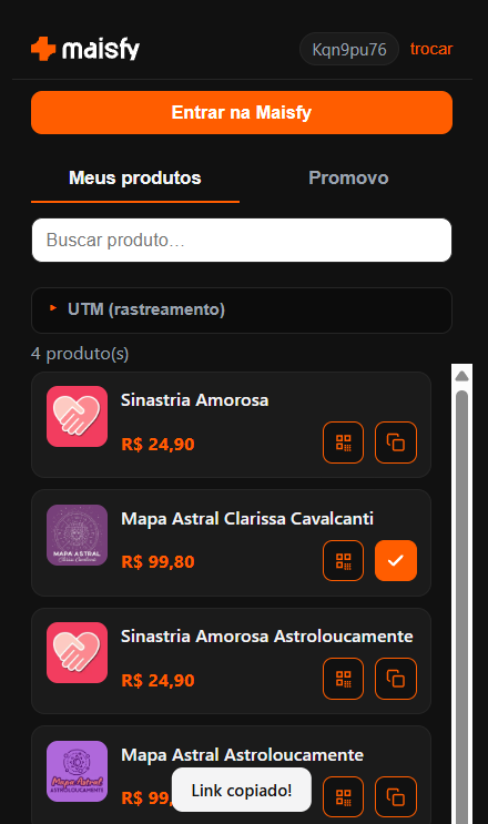 Extensão Maisfy com aviso de link copiado após copiar o link de um produto