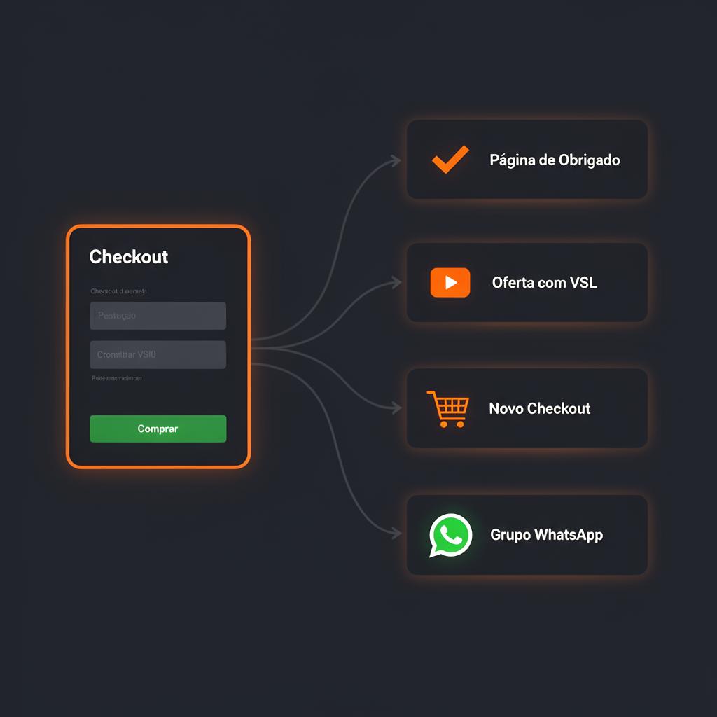 Ilustração das ferramentas da Maisfy: checkout, upsell, CRM e analytics