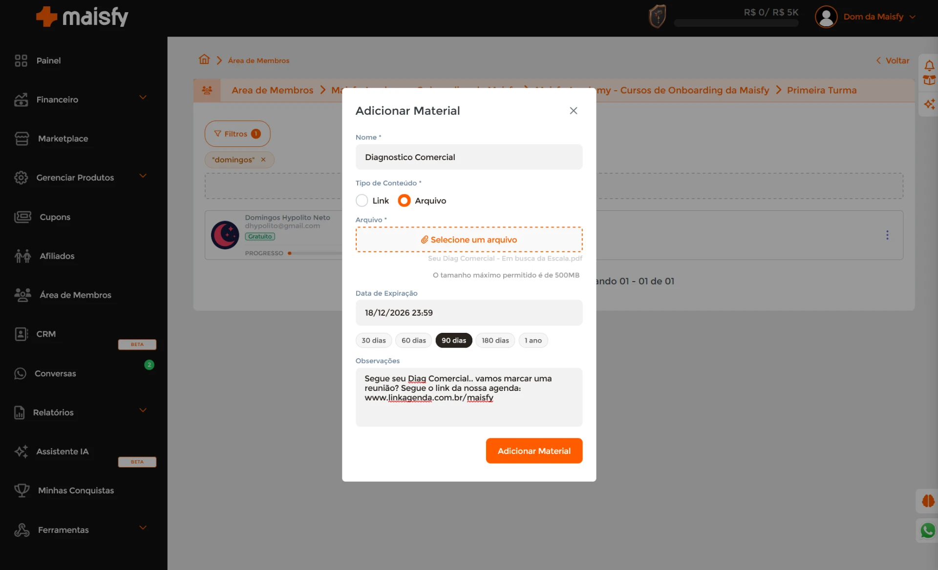 Janela Adicionar Material da Maisfy para entregar conteúdo exclusivo a um aluno