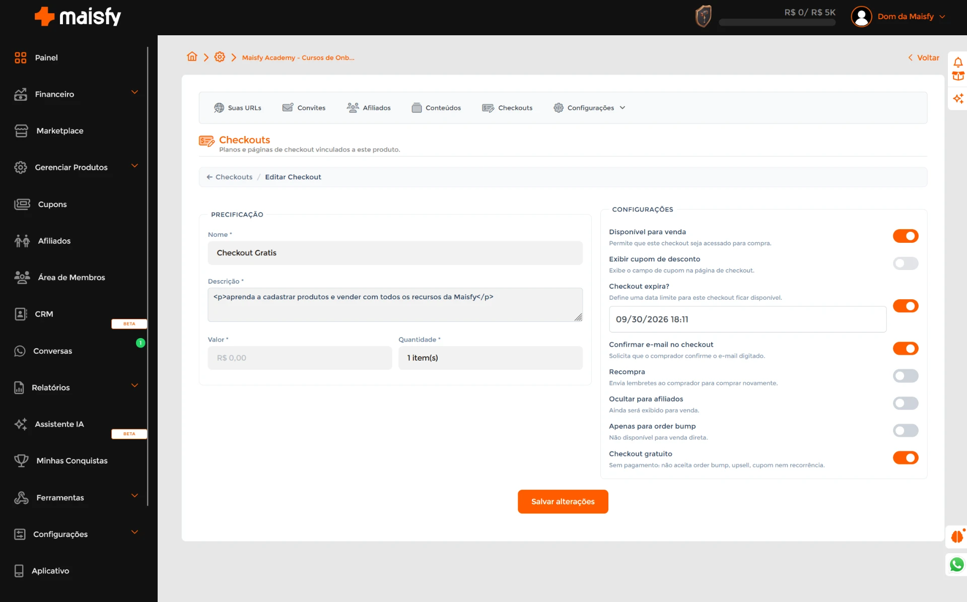 Editor de checkout da Maisfy com a opção Checkout gratuito ativada