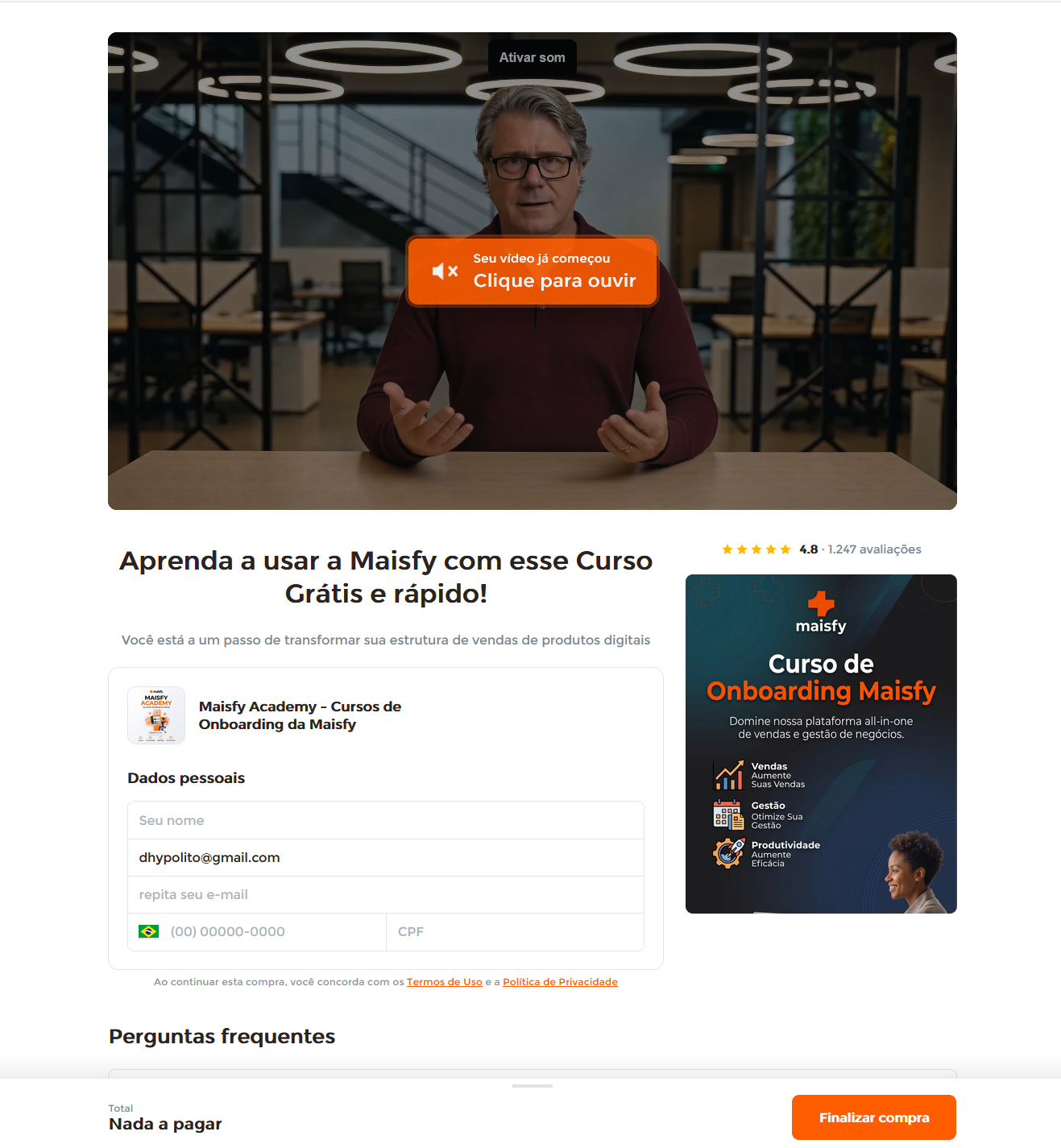 Checkout gratuito da Maisfy com vídeo de apresentação, dados pessoais e total 'Nada a pagar'