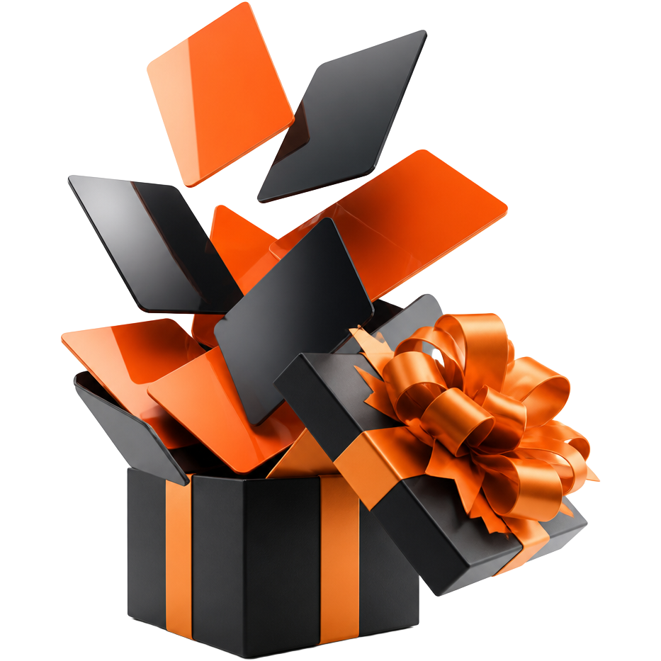 Caixa de presente aberta com giftcards saindo em pleno ar