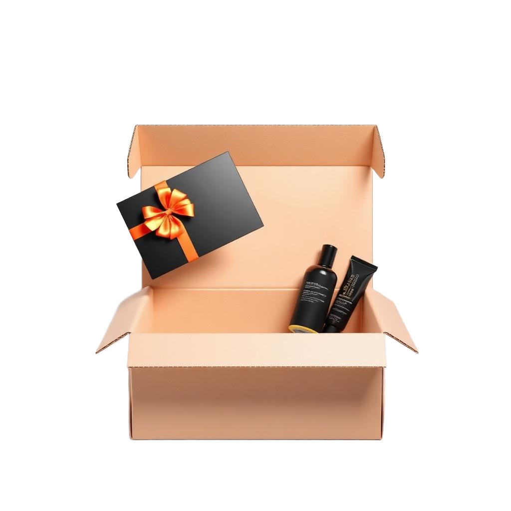 Caixa de envio aberta com um giftcard preto e amostras de produtos físicos