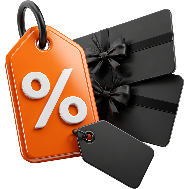 Etiqueta de desconto laranja ao lado de giftcards pretos
