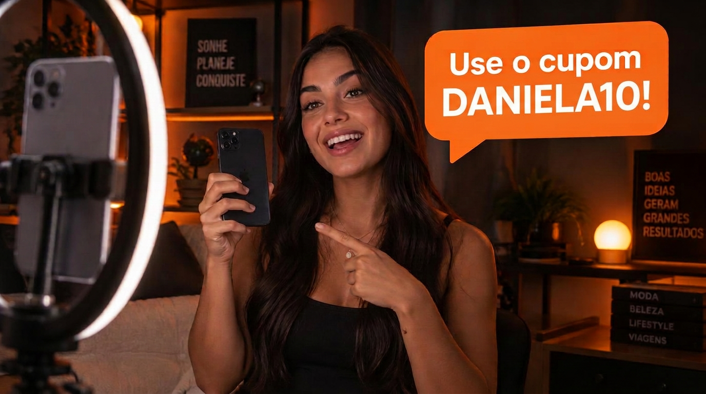 Influenciadora gravando vídeo e dizendo: use o cupom DANIELA10