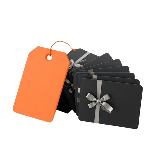 Etiqueta de preço laranja sobre giftcards pretos