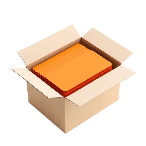 Caixa de papelão com um maço de giftcards laranja