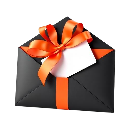 Envelope preto com laço laranja e um giftcard saindo