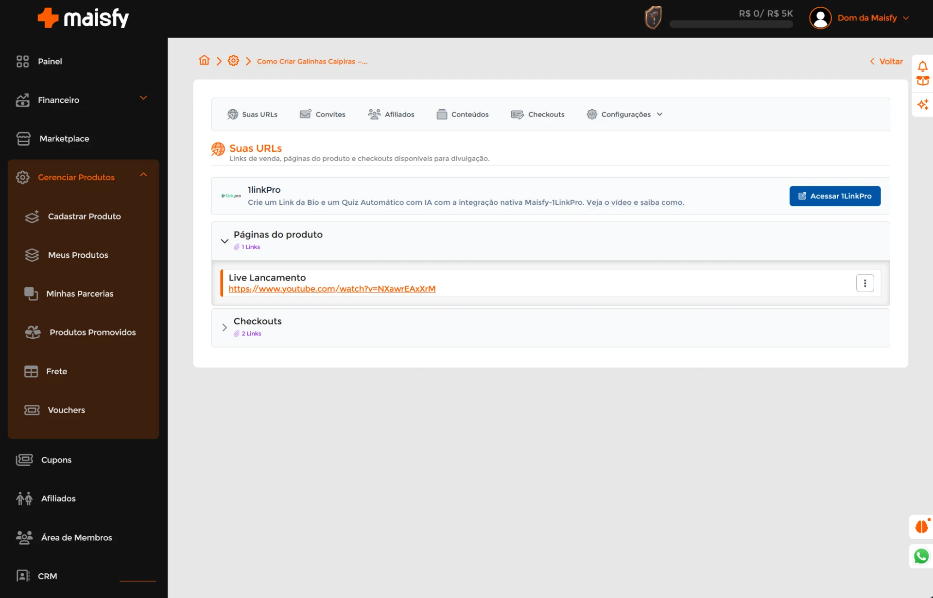 Lista de páginas do produto na Maisfy com o link Live Lançamento publicado