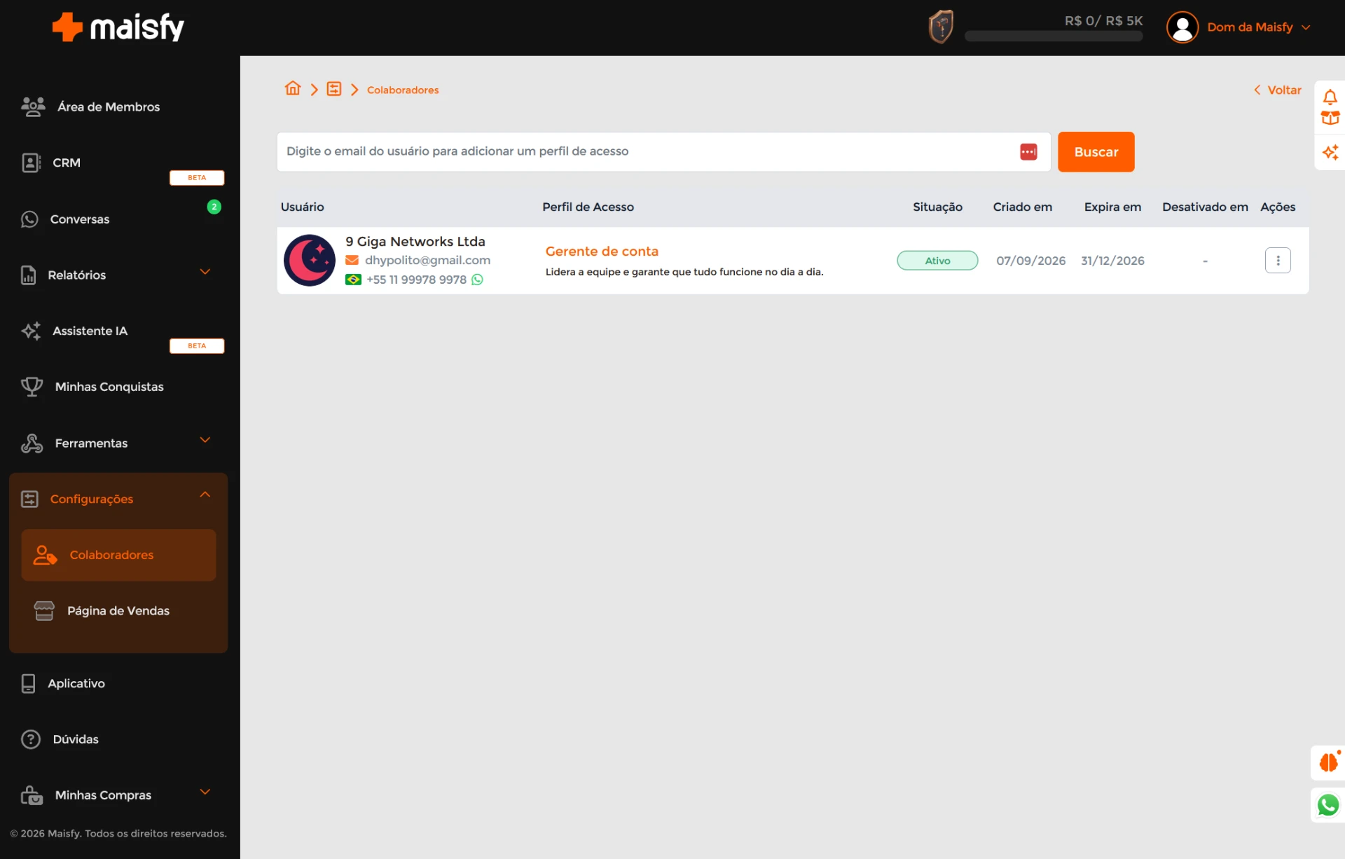Tela de Colaboradores da Maisfy listando os perfis de acesso da equipe