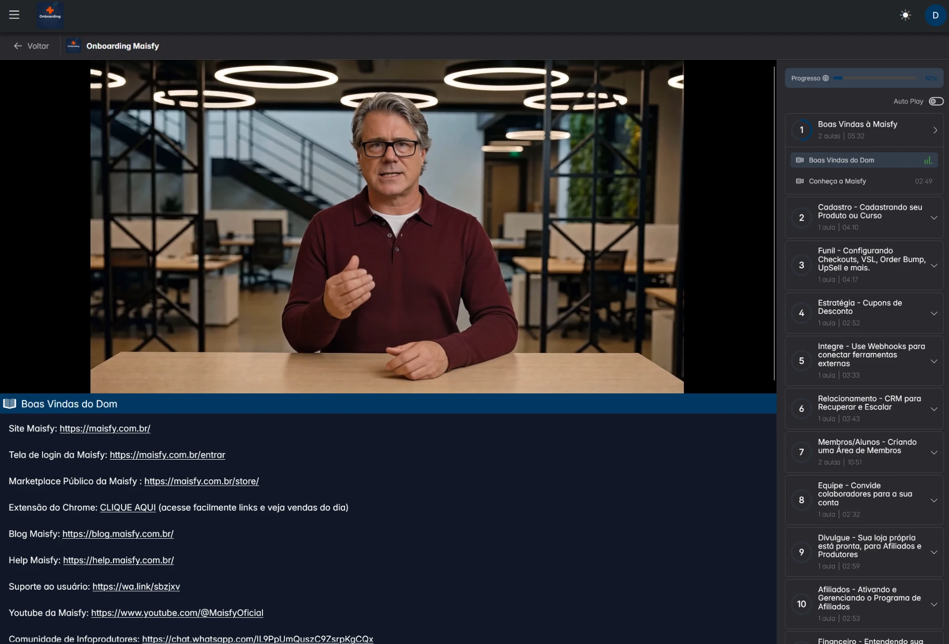 Área de membros da Maisfy Academy com trilha de aulas de onboarding