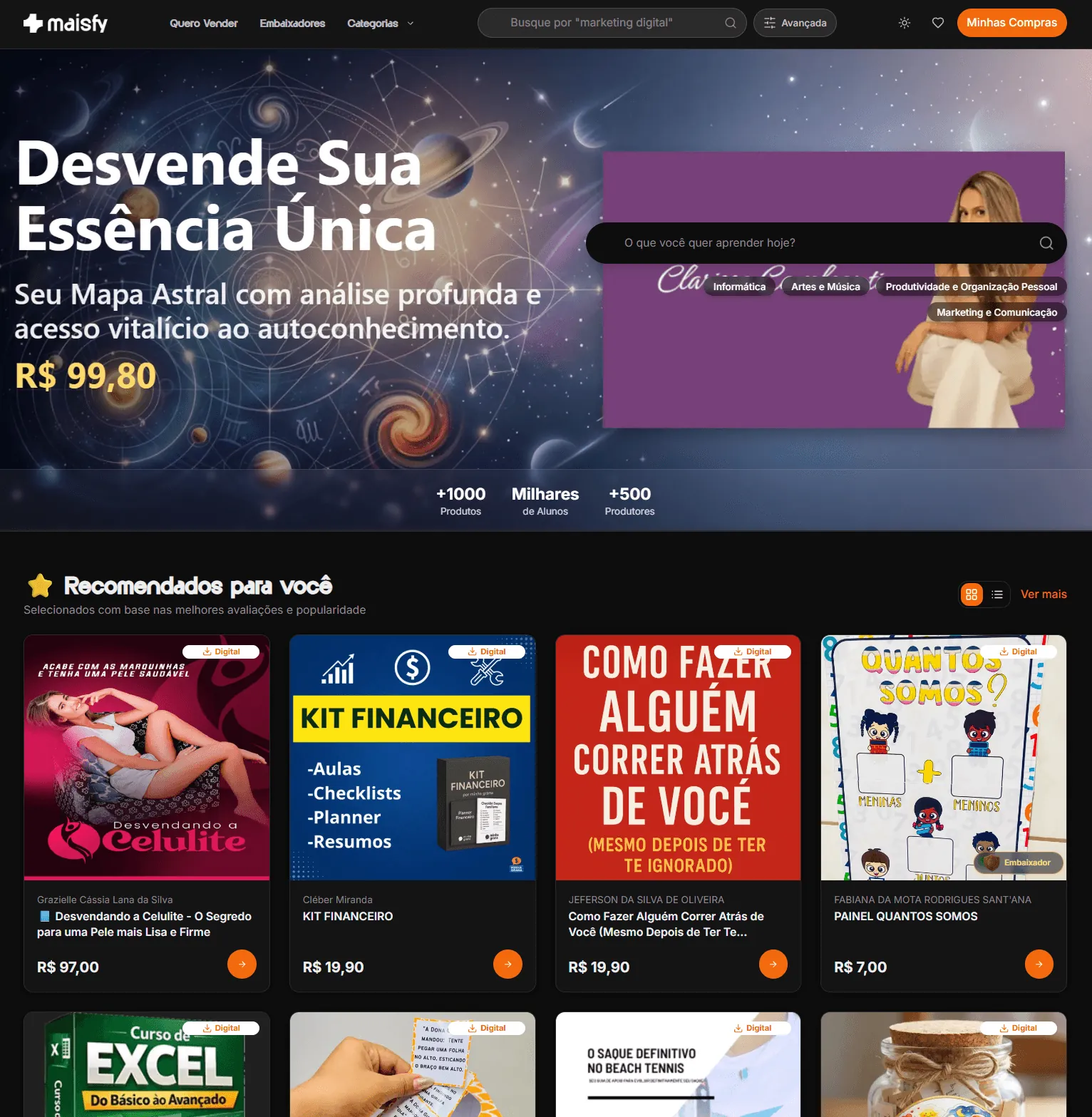 Marketplace público da Maisfy exibindo produtos de diversos produtores