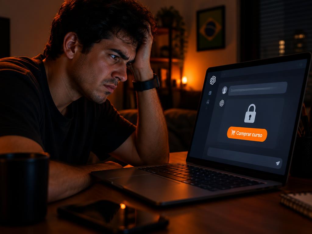 Usuário chateado sem acesso, vendo o link de compra do curso