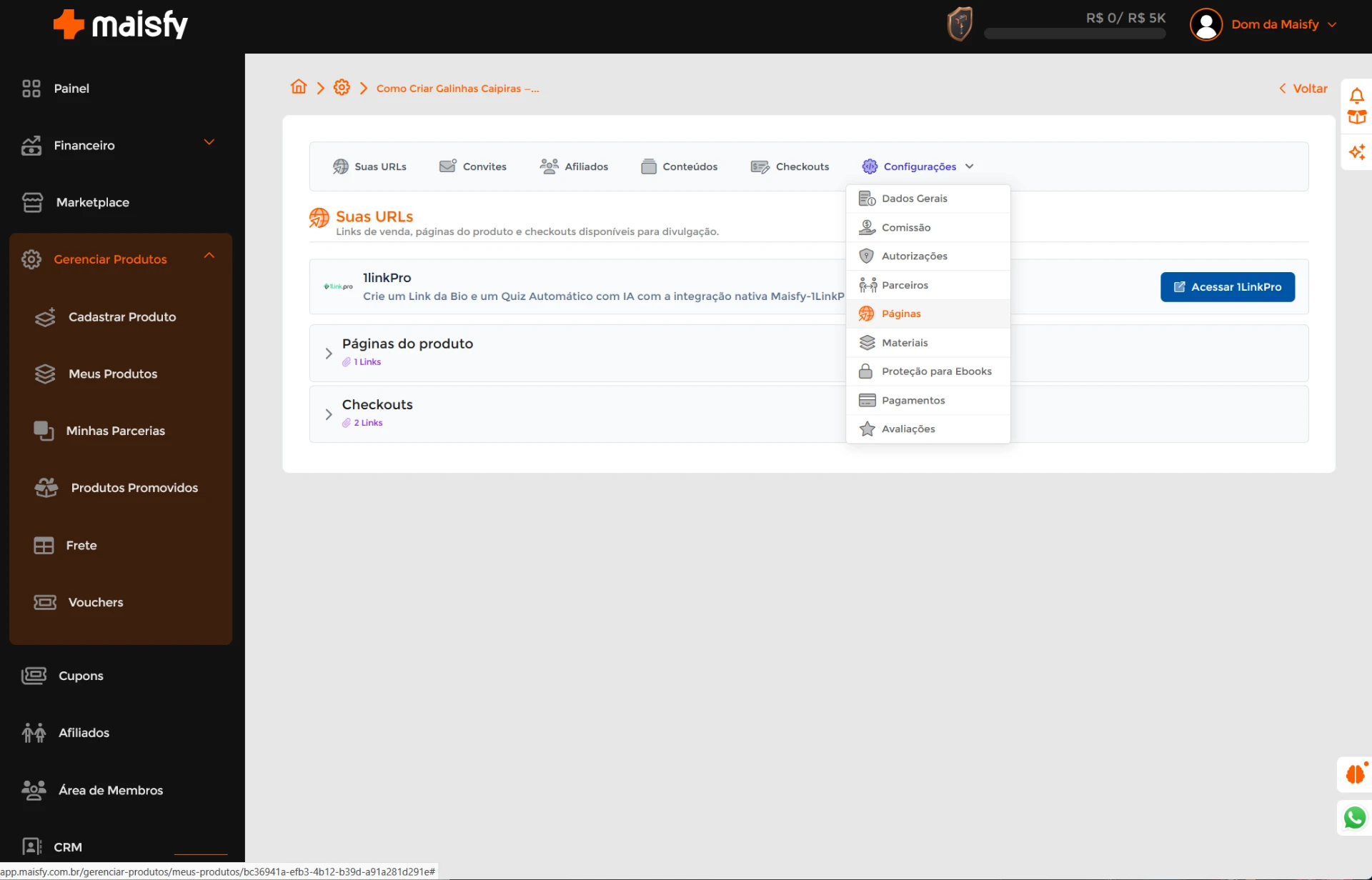 Menu Configurações do produto na Maisfy com a opção Páginas em destaque