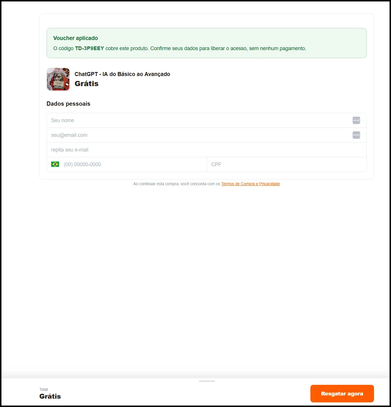 Rodapé do checkout com total grátis e botão resgatar agora