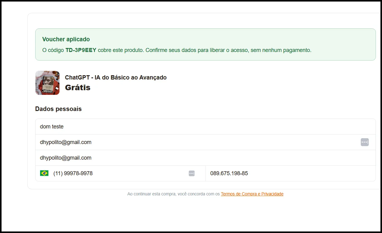 Checkout com aviso de giftcard aplicado e dados pessoais preenchidos