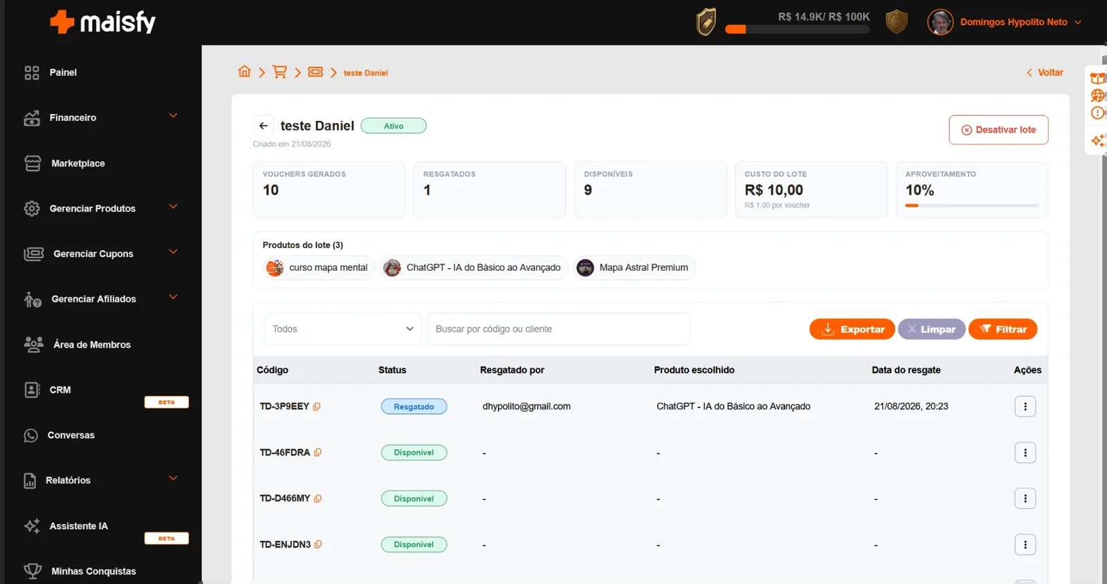 Detalhe do lote mostrando um giftcard resgatado com e-mail e produto escolhido