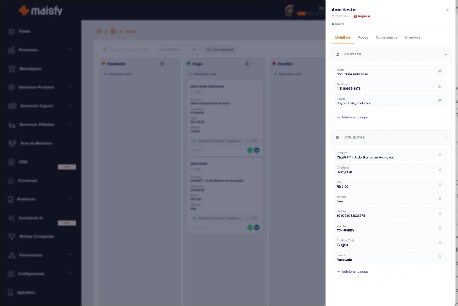 Card do CRM com os atributos do resgate, incluindo o código do giftcard