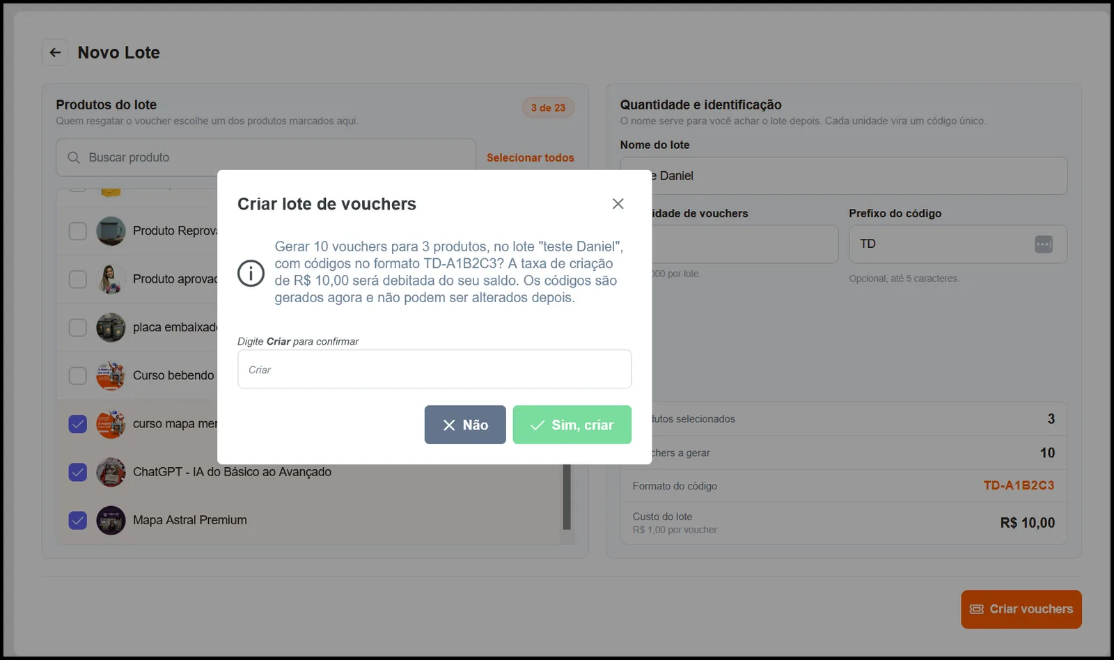 Modal de confirmação para criar lote de giftcards