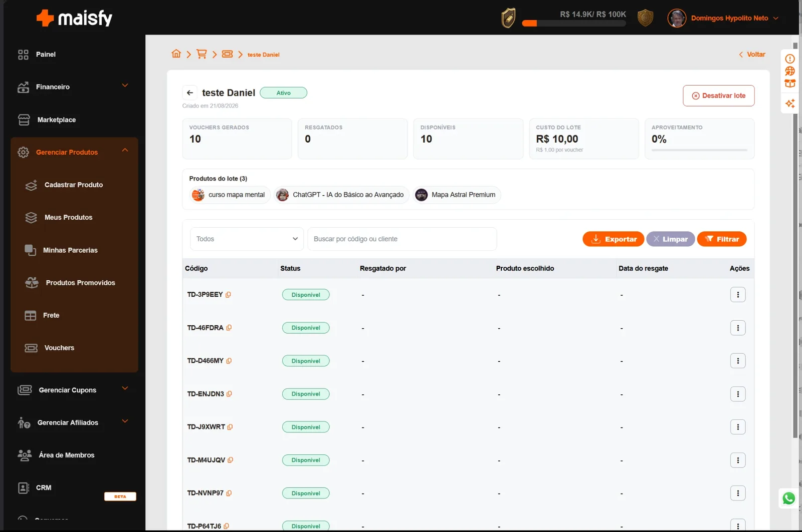 Detalhe do lote com métricas e tabela de códigos de giftcard