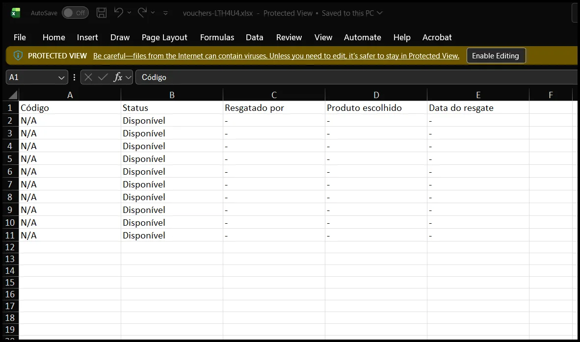 Planilha exportada do lote de giftcards aberta no Excel