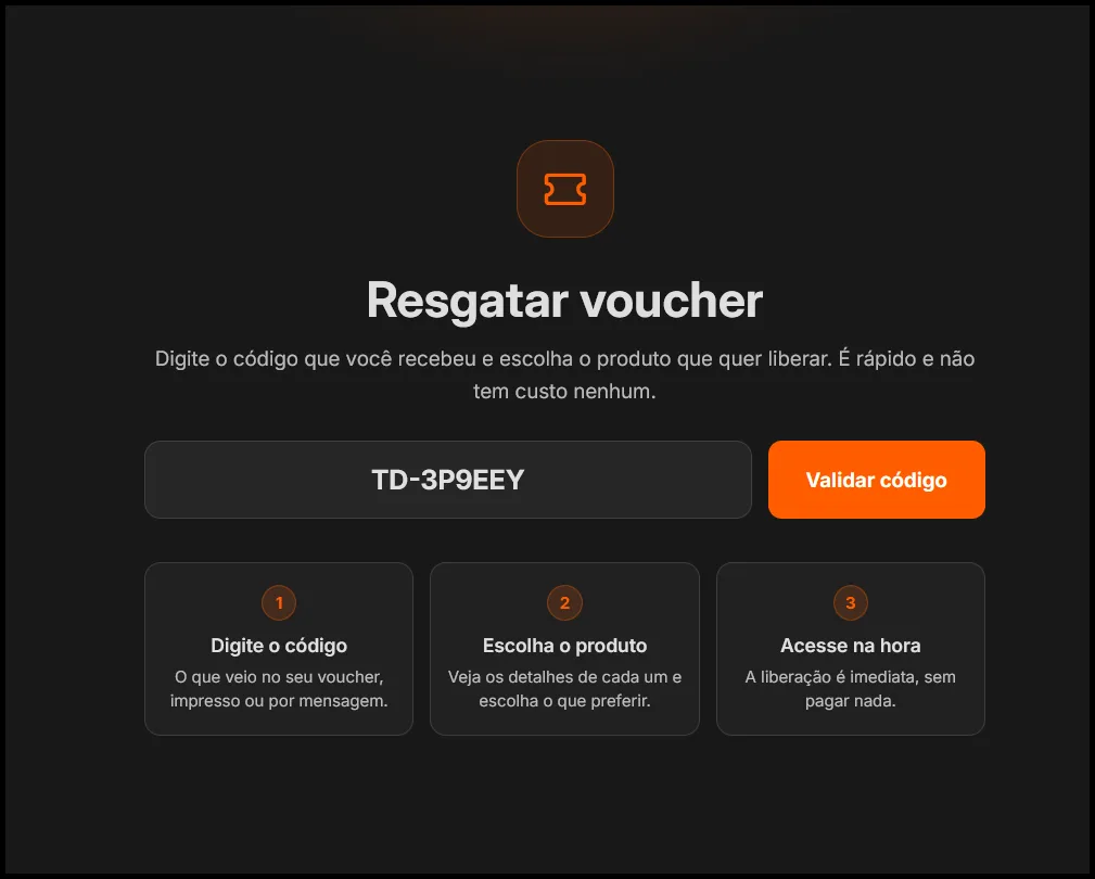 Tela de resgate de giftcard com campo de código