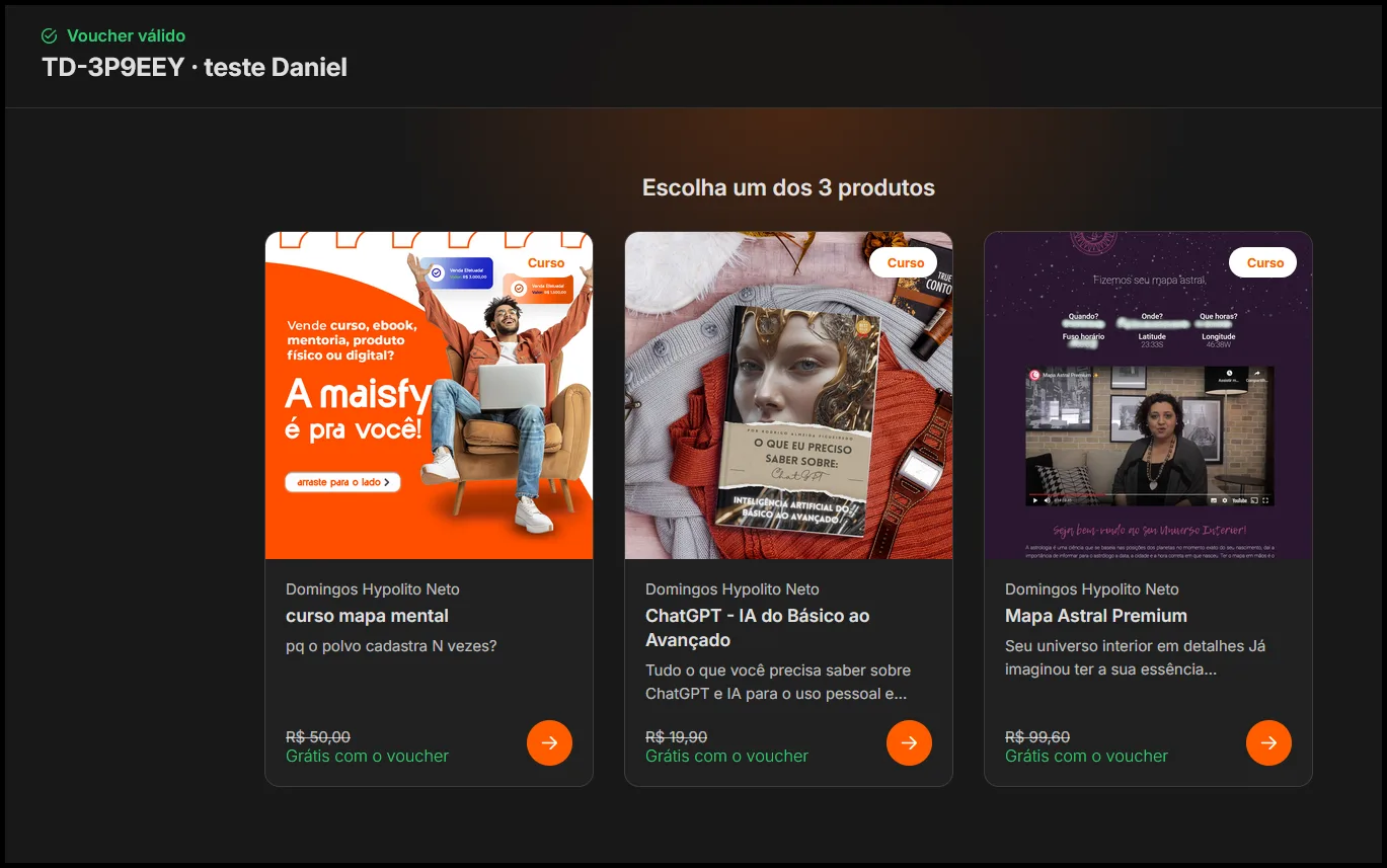 Escolha de produtos disponíveis para o giftcard validado