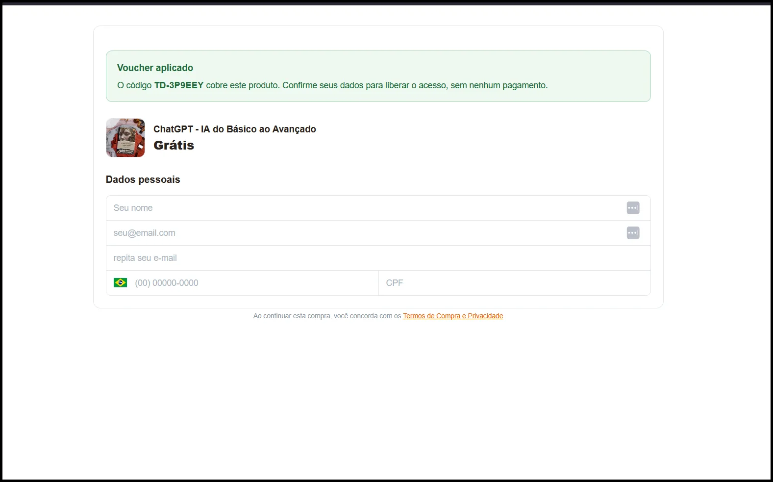 Checkout com giftcard aplicado e formulário de dados pessoais