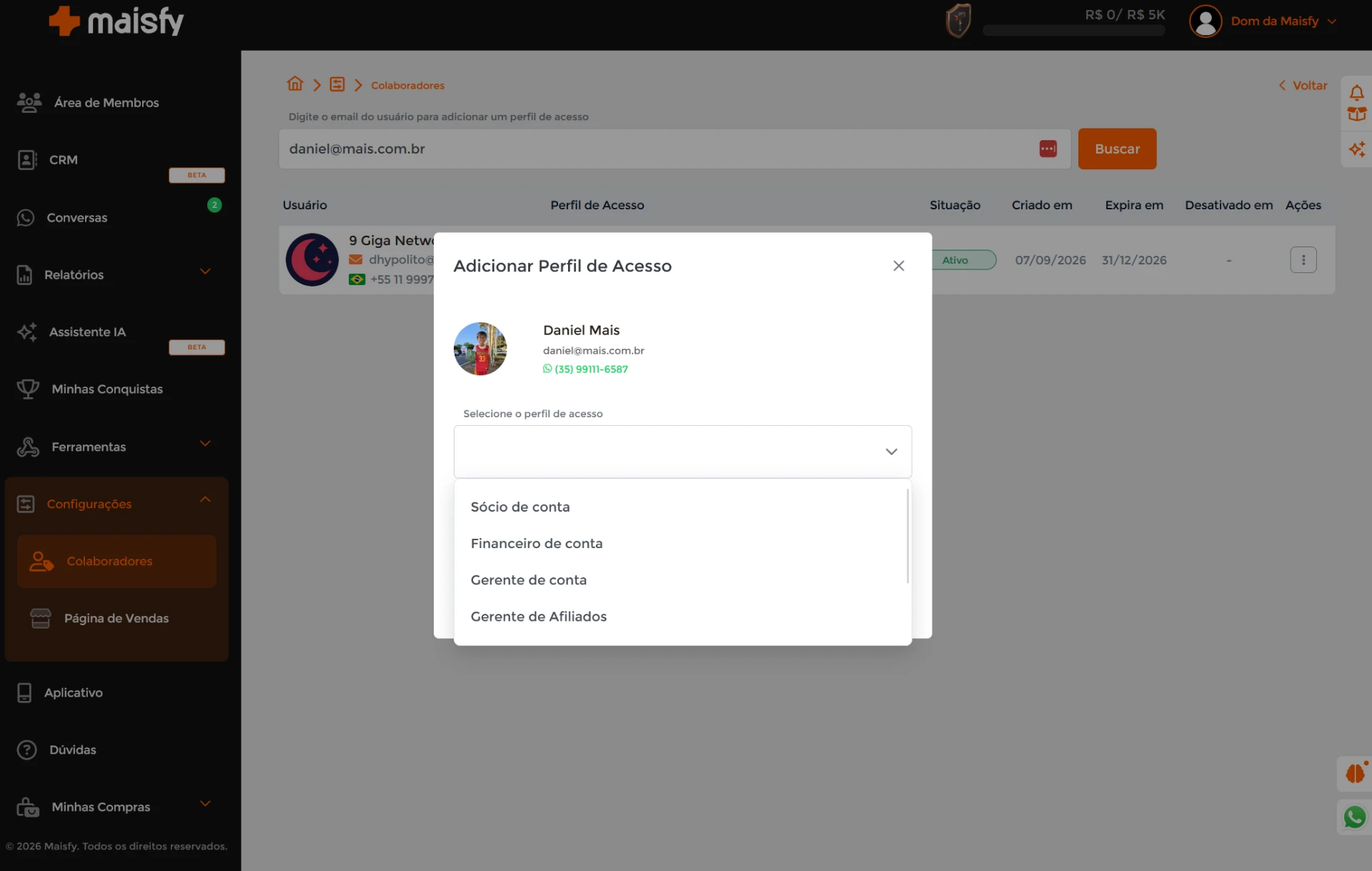 Janela Adicionar Perfil de Acesso com a lista de perfis disponíveis
